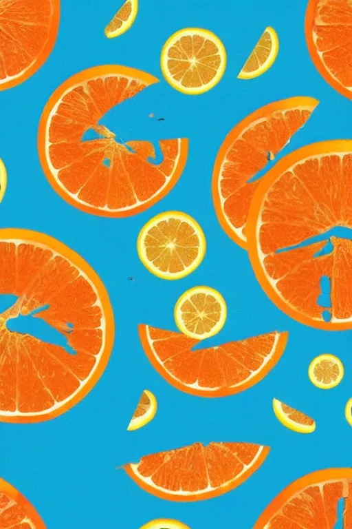 Prompt: a graphic design work of summer ,water,wave , orange and orange slices,blue theme and Yellow accents by Kenya Hara