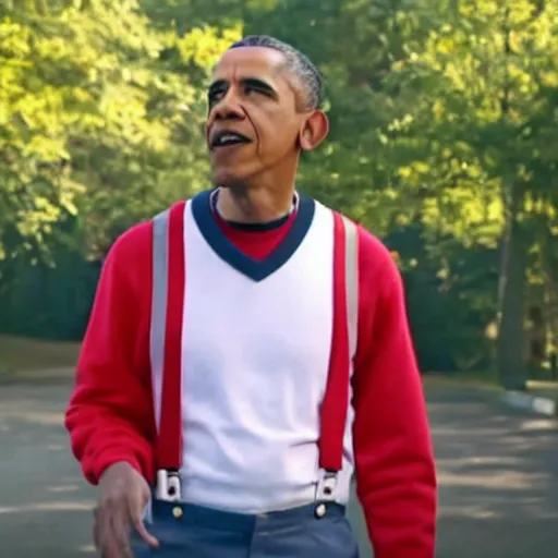 Prompt: riverdale still of obama wearing suspenders, an off white sweater with a varsity letter r, and a propeller cap