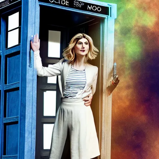 Image similar to Jodie Whittaker, the 13th doctor leaning against her TARDIS studio photography in the style of Annie Leibovitz, digital art