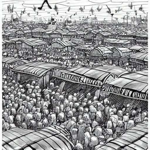 Image similar to a black and white drawing of a busy fish market stretching to the horizon, a storybook illustration by mattias adolfsson, behance contest winner, modern european ink painting, matte drawing, storybook illustration, panoramic, isometric