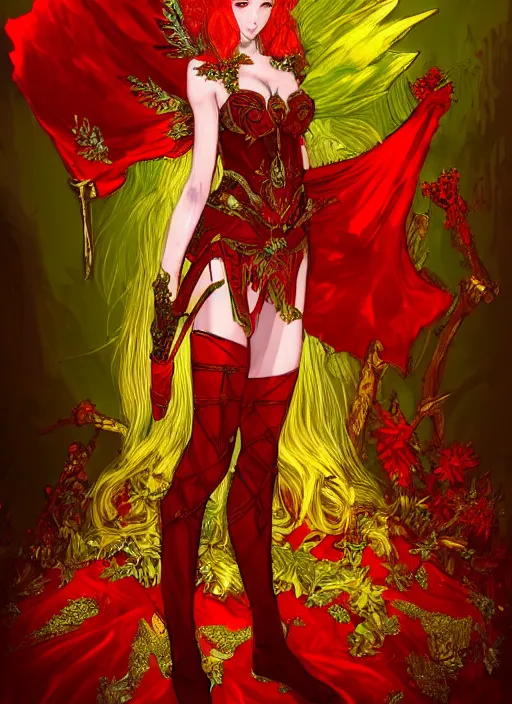 Image similar to Full body portrait of a beautiful red haired elven queen wearing red, green and gold queen dress and elaborate golden crown, bored look. In style of Yoji Shinkawa and Hyung-tae Kim, trending on ArtStation, dark fantasy, great composition, concept art, highly detailed.