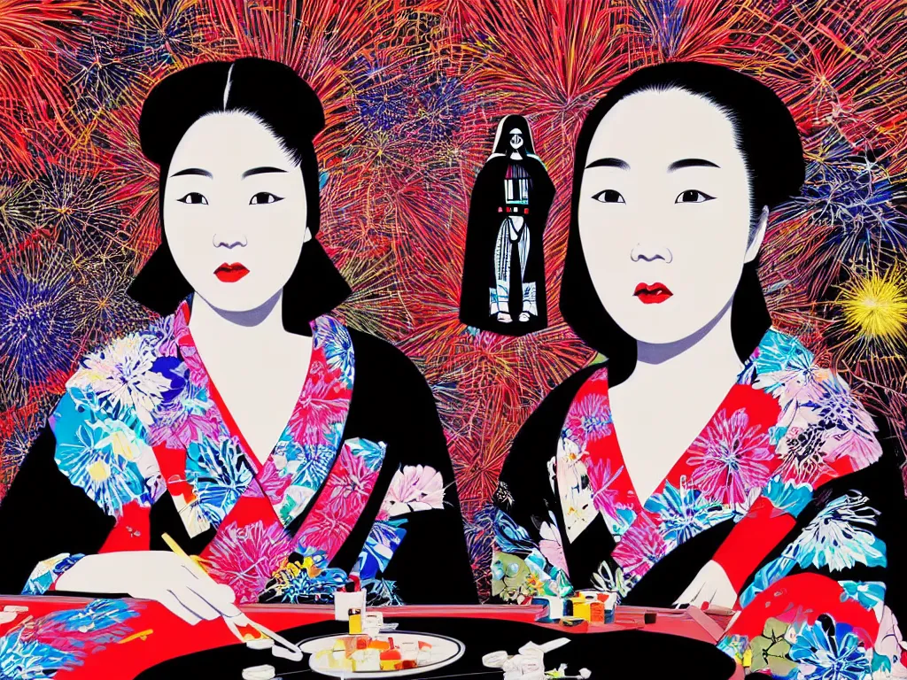 Image similar to hyperrealistic composition of the detailed woman in a japanese kimono sitting at a extremely detailed black jack table with hyperdetailed darth vader, fireworks, mountain fuji on the background, pop - art style, jacky tsai style, andy warhol style, acrylic on canvas