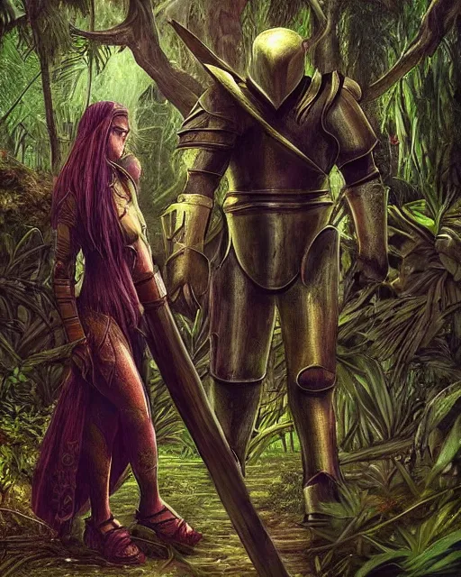 Image similar to a strong knight walking towards an ominous goddess in a densely overgrown, eerie jungle, fantasy, stopped in time, dreamlike light incidence, ultra realistic