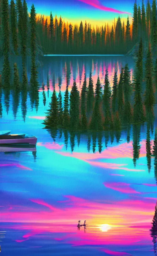 Image similar to beautiful award winning synthwave painting of a canadian lake, extreme detail, digital art, 4 k, ultra hd