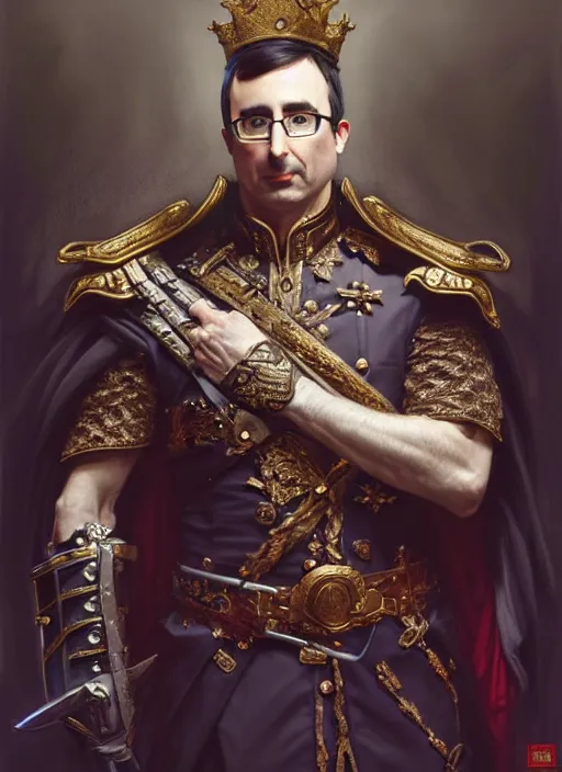 Image similar to portrait john oliver as stoic king, royalty, extravagant, full body, military uniform, fantasy, intricate, elegant, beautiful, highly detailed, charcoal, centered, dark, smokey, digital painting, artstation, concept art, art by artgerm and greg rutkowski and alphonse mucha