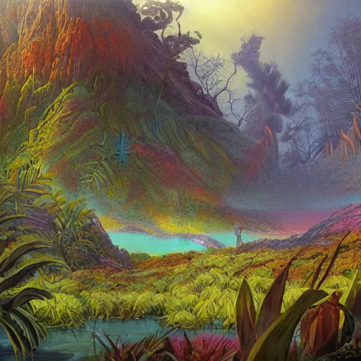 Image similar to digital painting of a lush wet natural scene on an alien planet by gerald brom. digital render. detailed. beautiful landscape. colourful weird vegetation.