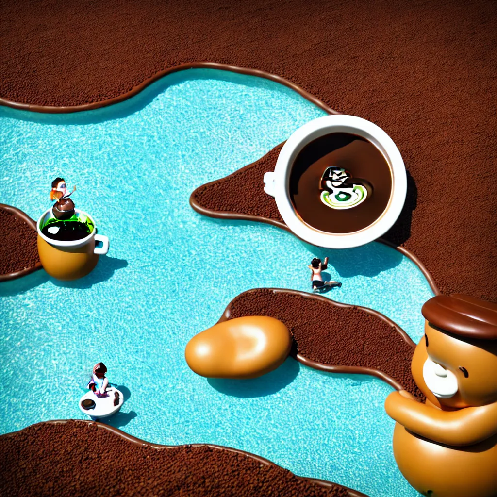 Image similar to tilt - shift view of a coffee - bean character drinking coffee while sitting on a coffee - bean shaped float in a giant coffee - cup shaped pool of coffee with steam rising up into the air