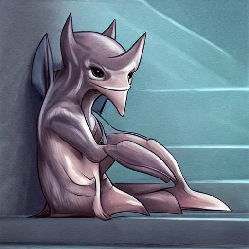 Image similar to female anthropomorphic shark fursona, athletic, sitting on concrete stairs, wearing a tank top and cargo pants, looking forward, realistic painting, furry art, trending on art station, pointing forward