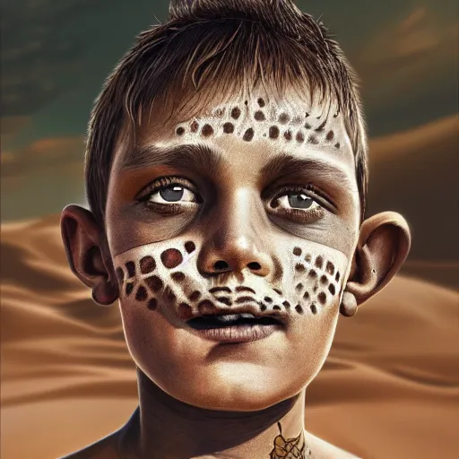 Prompt: a detailed portrait of a tan boy with a small face tattoo in the desert, fantasy art illustration, incredibly highly detailed and realistic, 8 k, sharp focus