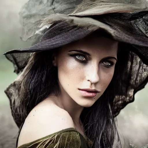 Image similar to a portrait of a beautiful witch maiden, dark eyes, dark hair, olive skin, depth of field, zeiss lens, detailed, centered, artstation, fashion photoshoot, by Annie Leibovitz and Steve McCurry, David Lazar, Jimmy Nelsson, Breathtaking, 8k resolution, extremely detailed, beautiful, establishing shot, artistic, hyperrealistic, beautiful face, octane render