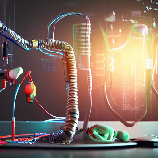 Image similar to conception of a android organs as human resources, laboratory background, liquids, cables, robotic arm, cyberpunk style, details, studio lighting, realism, complex lights