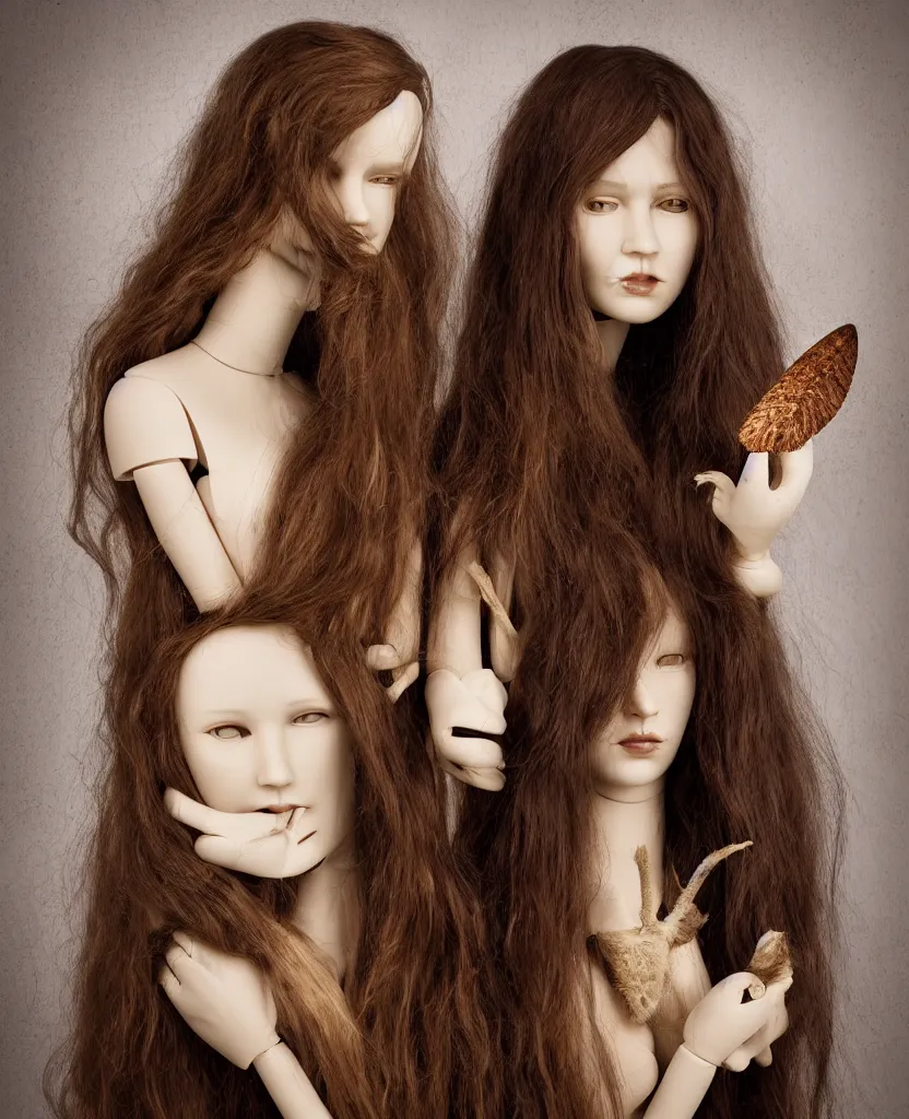 Image similar to head and shoulders portrait of a beautiful female mannequin, jointed wooden dolls with long flowing hair, holding each other, holding a large moth in her hands, beautifully disturbing, gothic, taxidermy, by Nina Masic by Flora Borsi