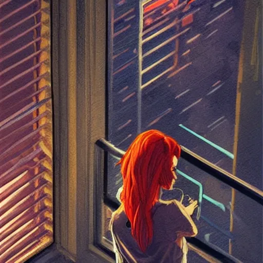 Image similar to a beautiful artwork of a woman with red hair in jeans and a white shirt smoking on the balcony of a hotel at night, top view, cinematic shot, rainy, neon and rainy theme atmosphere by Jerome Opeña, featured on artstation