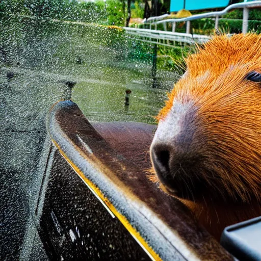 Image similar to a capybara riding a roller coaster