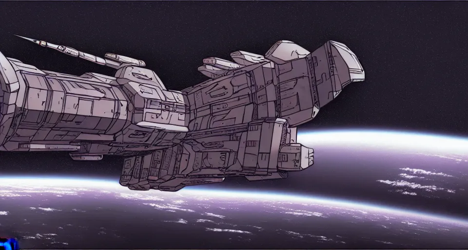 Prompt: a large mecha space ship in space, desaturated, moebius, complementing colors, maschinen krieger, dim lights, film