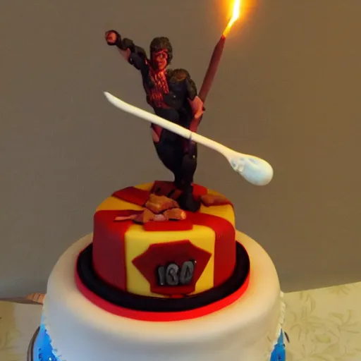 Prompt: birthday cake with golden axe