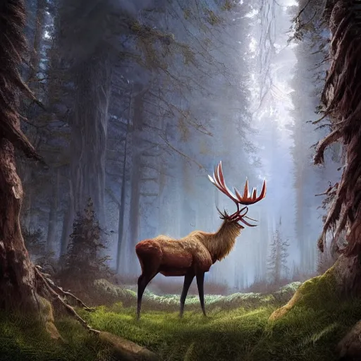 Prompt: 3 km gigantic elk walks over forests, fantasy concept art, digital art