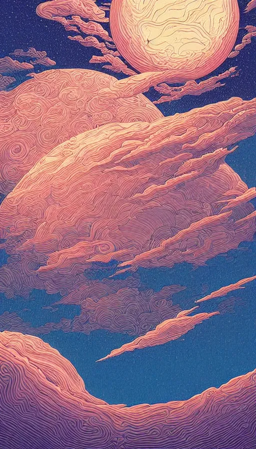 Prompt: copper moon floating on cosmic cloudscape at sunset, futurism, dan mumford, victo ngai, kilian eng, da vinci, josan gonzalez