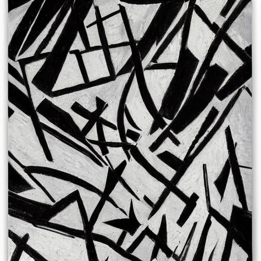 Prompt: black and white abstract painting with shapes and lines by Vincent Van Gogh