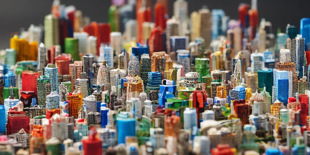 Prompt: a model of toronto constructed out of fast food cups and packaging, miniature photography, diorama, wide - angle macro lens, art, award - winning, beautiful high resolution