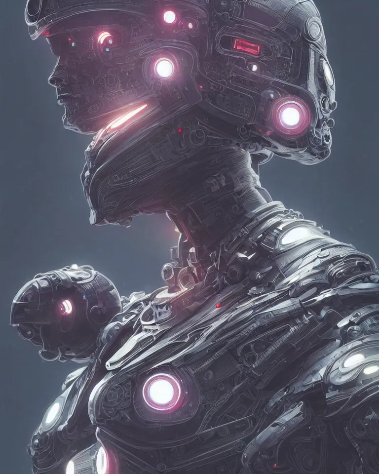Prompt: Symmetry!! portrait of cyborg, sci-fi armour, tech wear, cables, glowing lights!! sci-fi, intricate, elegant, highly detailed, digital painting, artstation, concept art, smooth, sharp focus, illustration, art by artgerm and greg rutkowski and alphonse mucha.