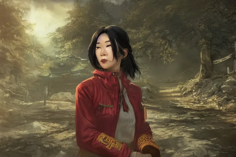 Image similar to fallout 5, charismatic beautiful rugged asian female protagonist, portrait, outdoors in forest, tori gate and shinto shrine in the background, atmospheric lighting, painted, intricate, volumetric lighting, daytime, winter, clear weather, sharp focus, ultra detailed, art by william turner