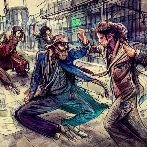 Prompt: hippie wearing robes, a fight between a boho cyberpunk hippie and a high - tech suit businessman, epic sketch art, cinematic mid shot fight, detailed