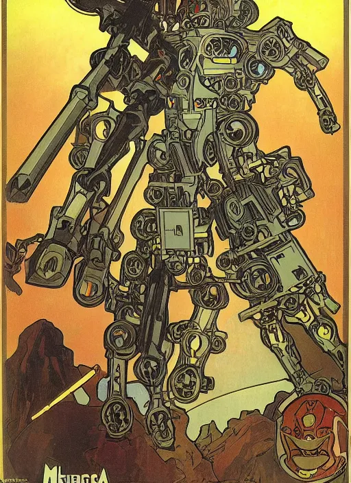 Image similar to mecha robot warrior by Alphonse Mucha