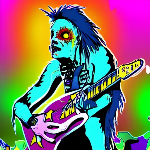 Prompt: Brightly colored zombie on stage, playing guitar in a metal band, digital art