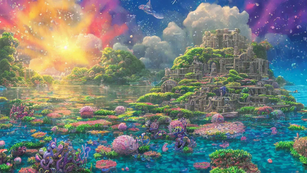 Prompt: Vivid ultra realist and ultra intricate detailed 3d render, cute ghibli painting of an underwater environment in the style of studio ghibli, artwork by Hayao Miyazaki and Isao Takahata, squids, aztec ruins, , bubbles, elegant, reflections, focus, volumetric water, rainbow lighting, award winning, trending in cgsociety artstation deviant art, octane render, by Beeple