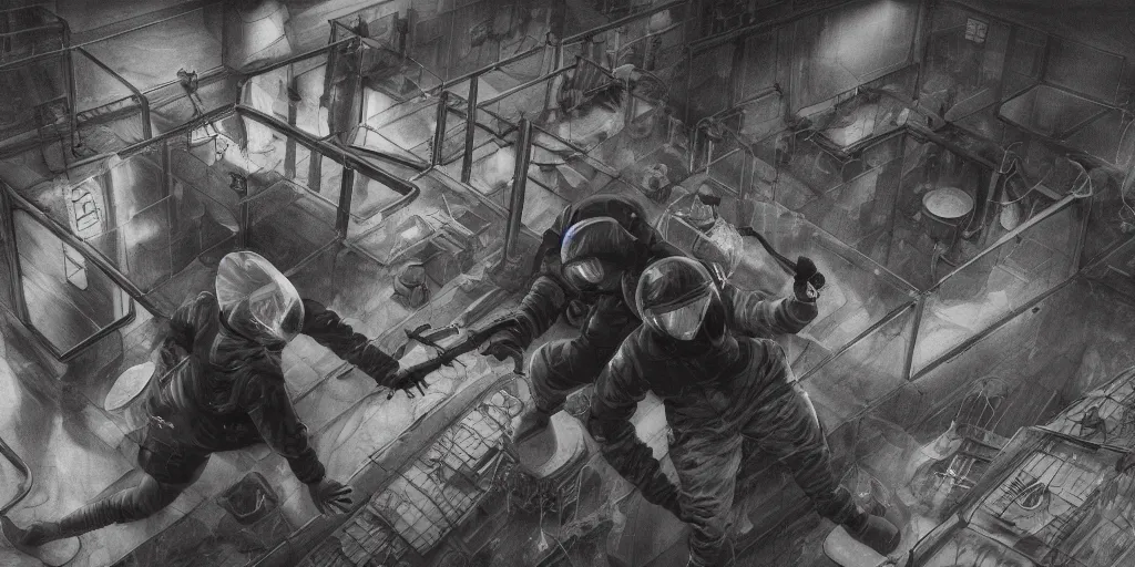 Image similar to woman wearing black beanie and black bomber jacket, holding shotgun, charging toward soldiers, soldiers wearing hazmat suits, underground lab, MC Escher style architecture, sterile, unknown location, light and shadows, fire, bullet shells flying, aerial photography, concept art