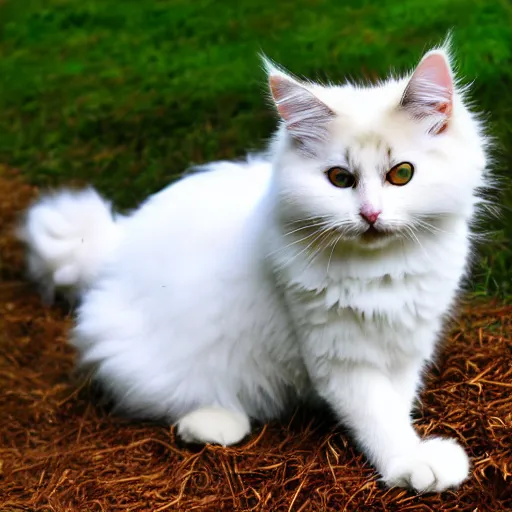 Prompt: fluffy cat, dark and light orange, white undertones, green eyes, bushy tail, pointy ears, white whiskers