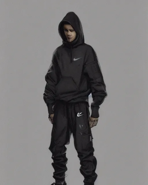 Image similar to Medium shot of a character wearing Nike ACG+Acronym P31-DS Pants in the style of greg rutkowski