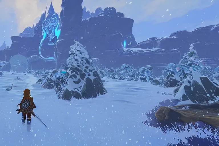 Image similar to an in game frozen landscape from the legend of zelda breath of the wild, breath of the wild art style.