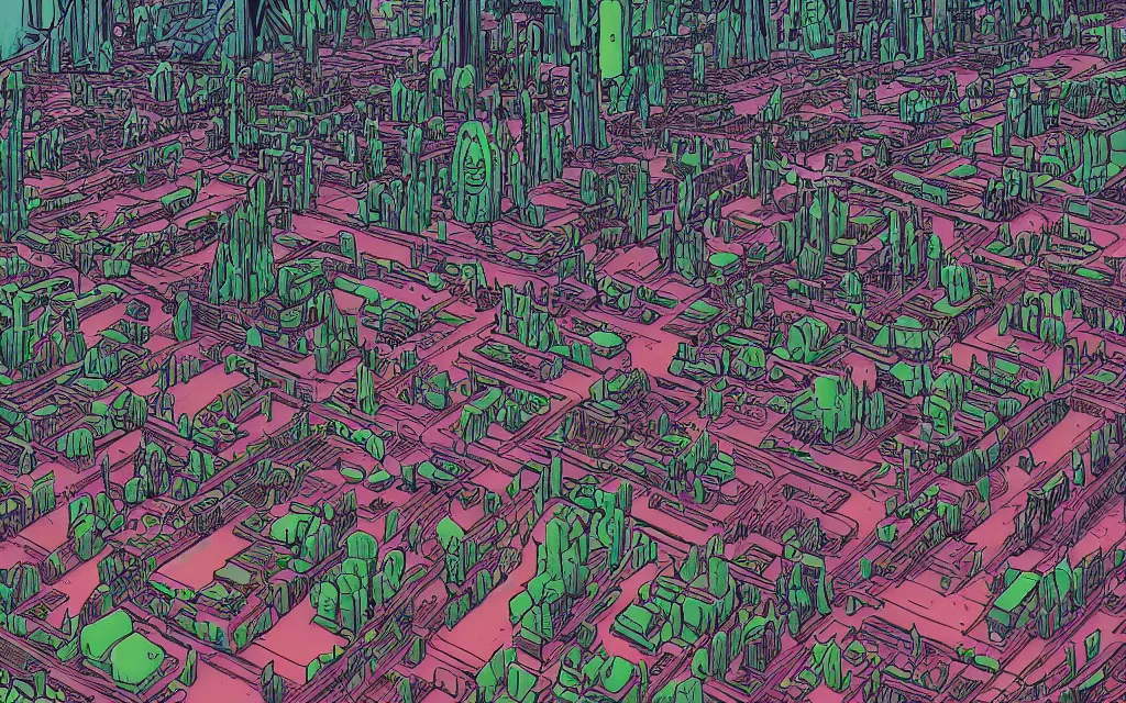 Prompt: very detailed, prophet graphic novel, ilya kuvshinov, mcbess, rutkowski, simon roy, illustration of a dense green alien megacity on a desert planet, alien architecture, seen from above, colorful, deep shadows, astrophotography