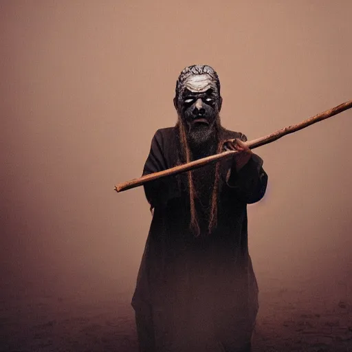 Image similar to full body shot of hanging old asian man with long beard, his head covered in roots, full face occult silver mask, bright multiple glowing eyes, holding a large carved wooden dark fractal stick, hanging upside down, thick smoke around him, in the burning soil desert, cinematic shot, wide angle, dark desert background, volumetric lighting by Denis Villeneuve, Lubezki, Gaspar Noe, Christopher Doyle and Alejandro Jodorowsky, anamorphic lens, anamorphic lens flares, kodakchrome, cinematic composition, practical effects, award winning photo, 8k