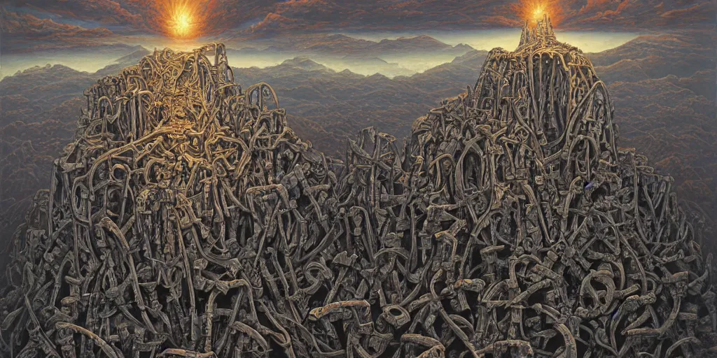 Prompt: build me a castle in the sky, atop a mountain of bones shouted elric of melnibone. by jeffrey smith, oil on canvas