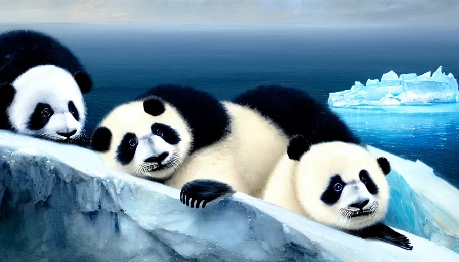 Prompt: highly detailed painting of humanoid creature thats half cute baby white furry seal and half panda on a blue and white iceberg by william turner, by greg rutkowski, by william constable, thick brush strokes and visible paint layers, 4 k resolution