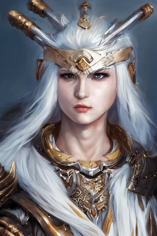 Image similar to A realistic anime portrait of a white haired female barbarian wearing an intricate armor, digital painting, by Stanley Artgerm Lau, Sakimichan, WLOP and Rossdraws, digtial painting, trending on ArtStation, SFW version