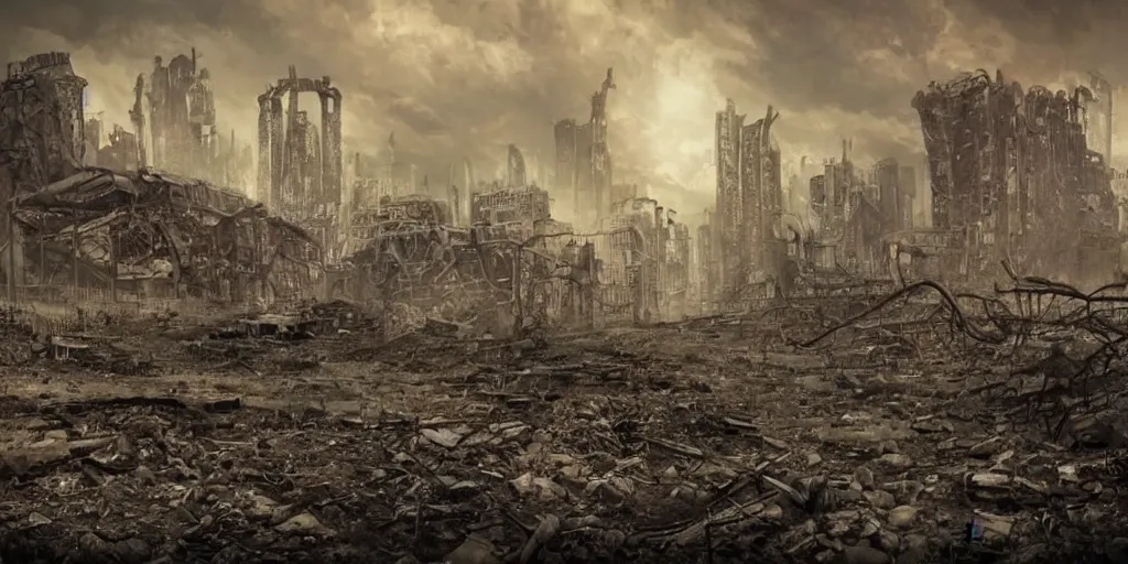 Image similar to nuclear fallout, city ruins wasteland, dark future, dark sci - fi,