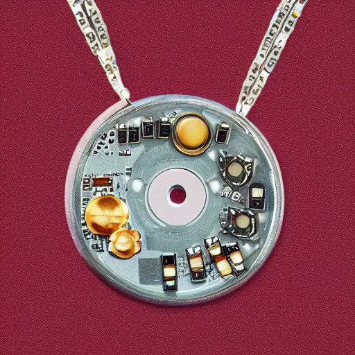 Image similar to a photo of a necklace with a speed controller and circuit boards hanging from it, jewelry, 4k