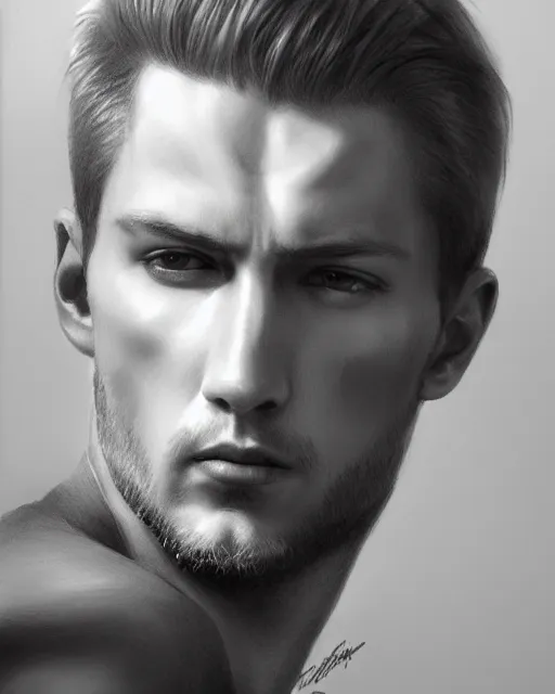 Prompt: pencil drawing of beautiful russian man, hyper realistic face, in the style of greg rutkowski, fantasy, amazing detail, epic, elegant, smooth, sharp focus, from the front