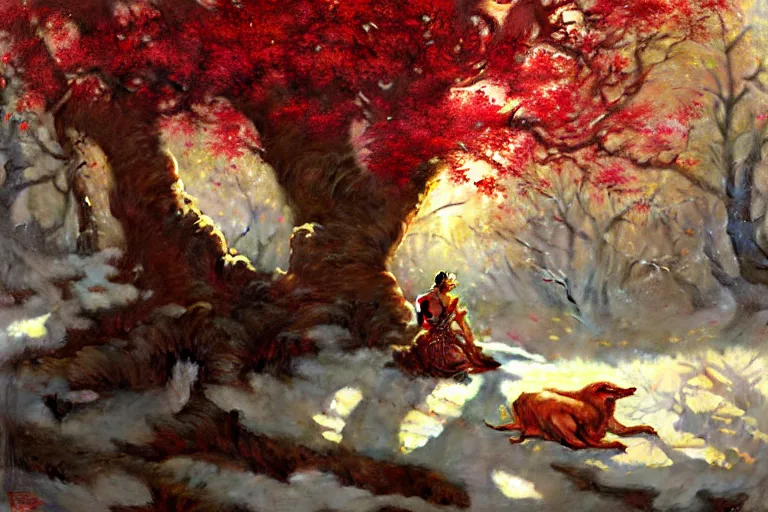 Image similar to winter, a male warrior relaxing under a huge tree with red flowers, sun shining on him, god ray, ground covered with snow, fantasy, painting by gaston bussiere, craig mullins, j. c. leyendecker, trending on artstation