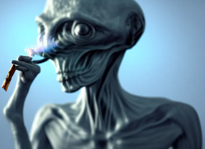 Image similar to photograph of grey alien smoking too much weed, 8k resolution, high detail, ULTRA REALISTIC VFX, reflections