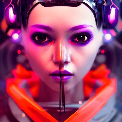 Prompt: a portrait of a beautiful cyberpunk robot geisha sorceress, warcore, sharp focus, detailed, artstation, concept art, 3 d + digital art, wlop style, neon colors, futuristic, unreal engine, elegant
