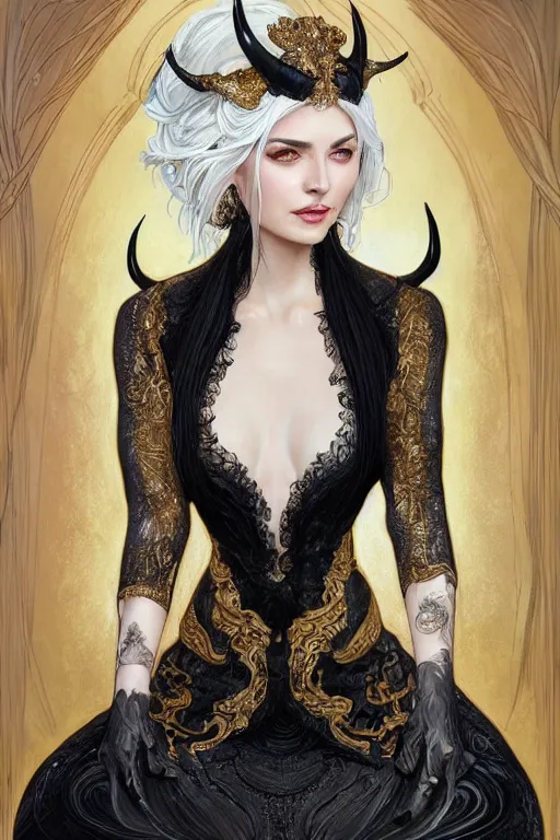 Image similar to fullbody!! of a beautiful woman with white hair, big natural horns on her head, long flowing intricate black lace dress, gold jewellery, dnd, face, fantasy, intricate, elegant, highly detailed, digital painting, artstation, concept art, smooth, sharp focus, illustration, art by artgerm and greg rutkowski and alphonse mucha