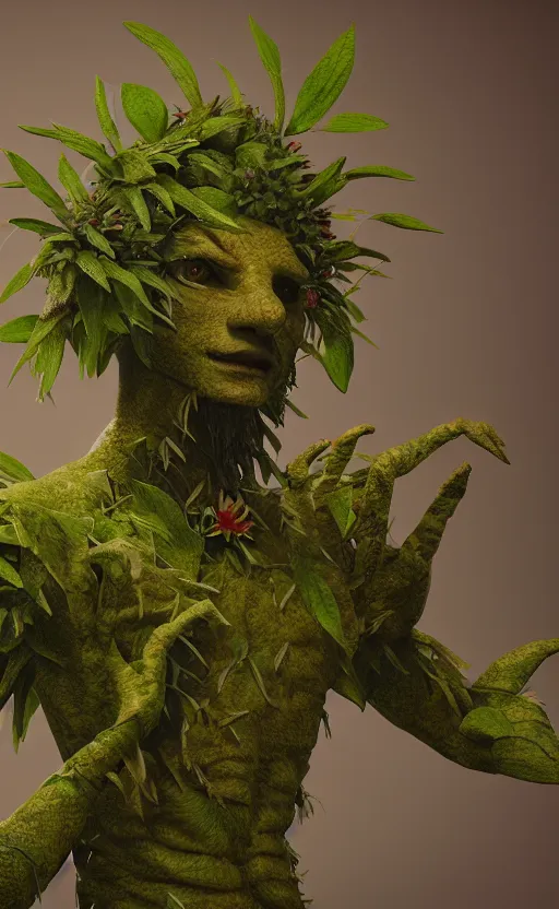 Image similar to a plant creature, foliage, plant filaments, flowers, humanoid shape, full body, photorealistic, 4 k, octane render, cinematic lighting, artistic photography, insanely detailed and intricate