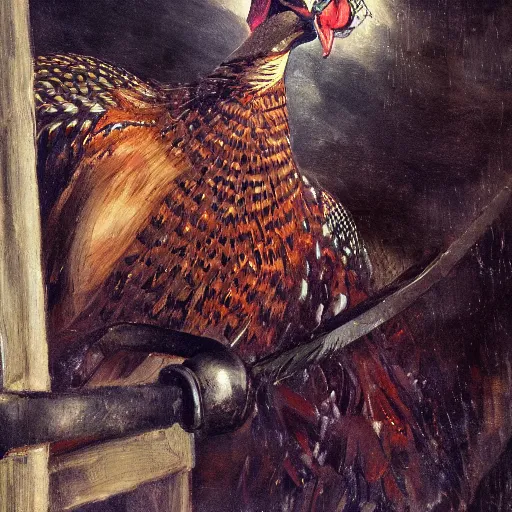 Image similar to a pheasant is girded with a belt, a sword hangs on the belt, by lily seika jones , rivuletpaper art, top cinematic lighting, cinematic mood, very detailed, shot in canon, by Viktor Vasnetsov, oil painting, harsh fairy tale, soft style, hyperrealism, beautiful, high resolution, trending on artstation, steps 50