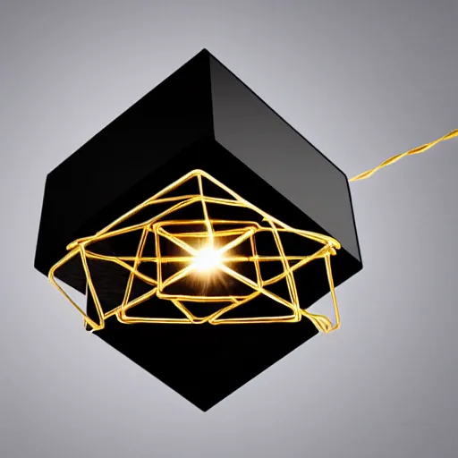 Image similar to a single black cube with shiny golden wire around the cube, pulsing with light from the inside