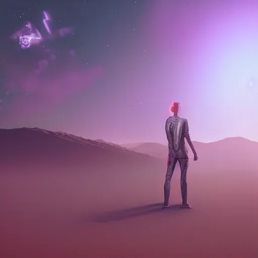 Image similar to realistic man standing in high desert, cyberpunk, digital art, trending on artstation, neon, desert, stars, vaporwave, retrowave, synthpop, 1 9 8 0 s, colorful, glowing, purple